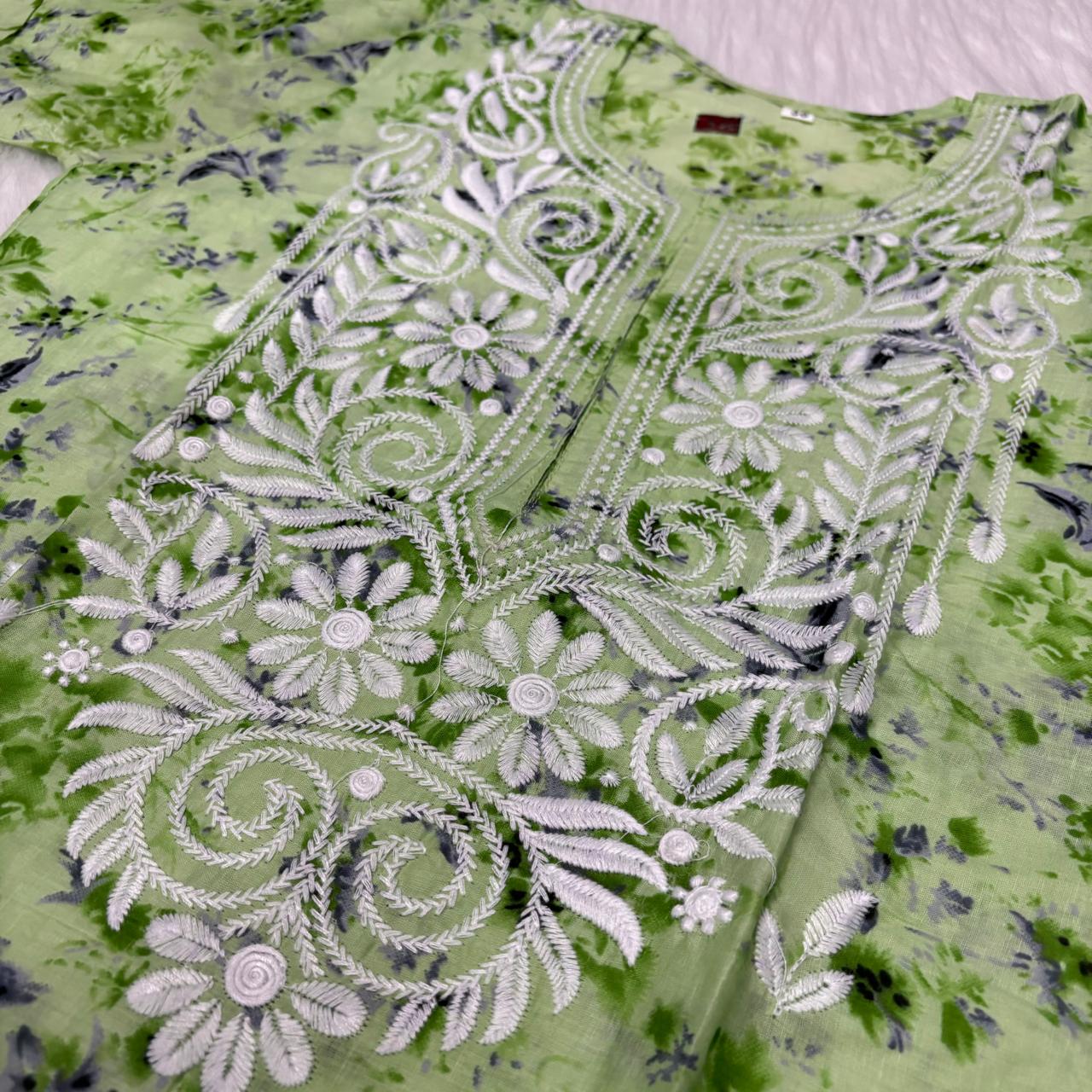 Mulmul Cotton Chikankari Machine Work Kurti -  Parrot Green Colour