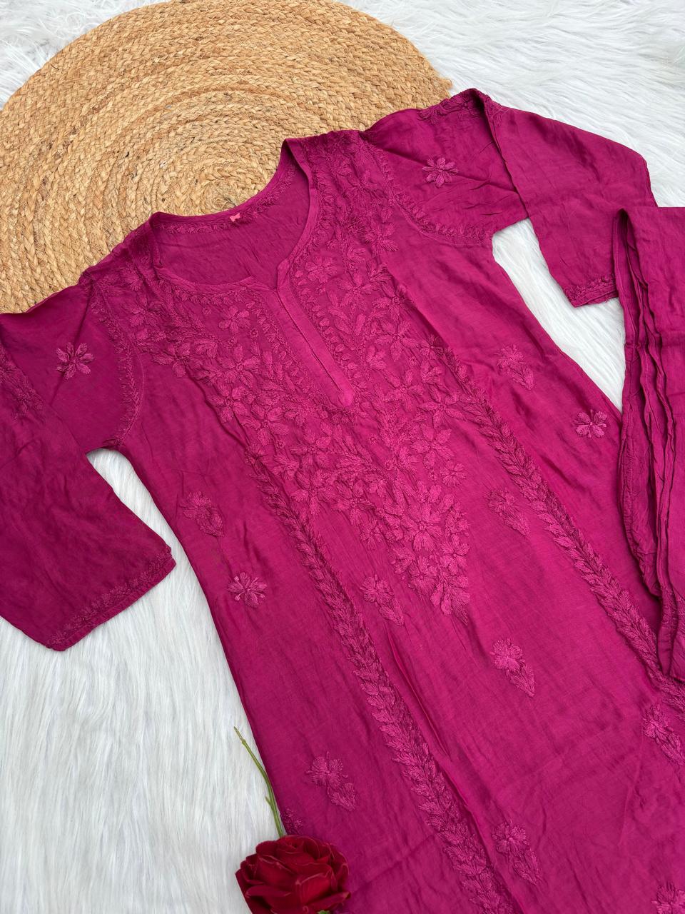 Nadia Muslin Lucknowi Chikankari Kurti Pant Set - Wine Color