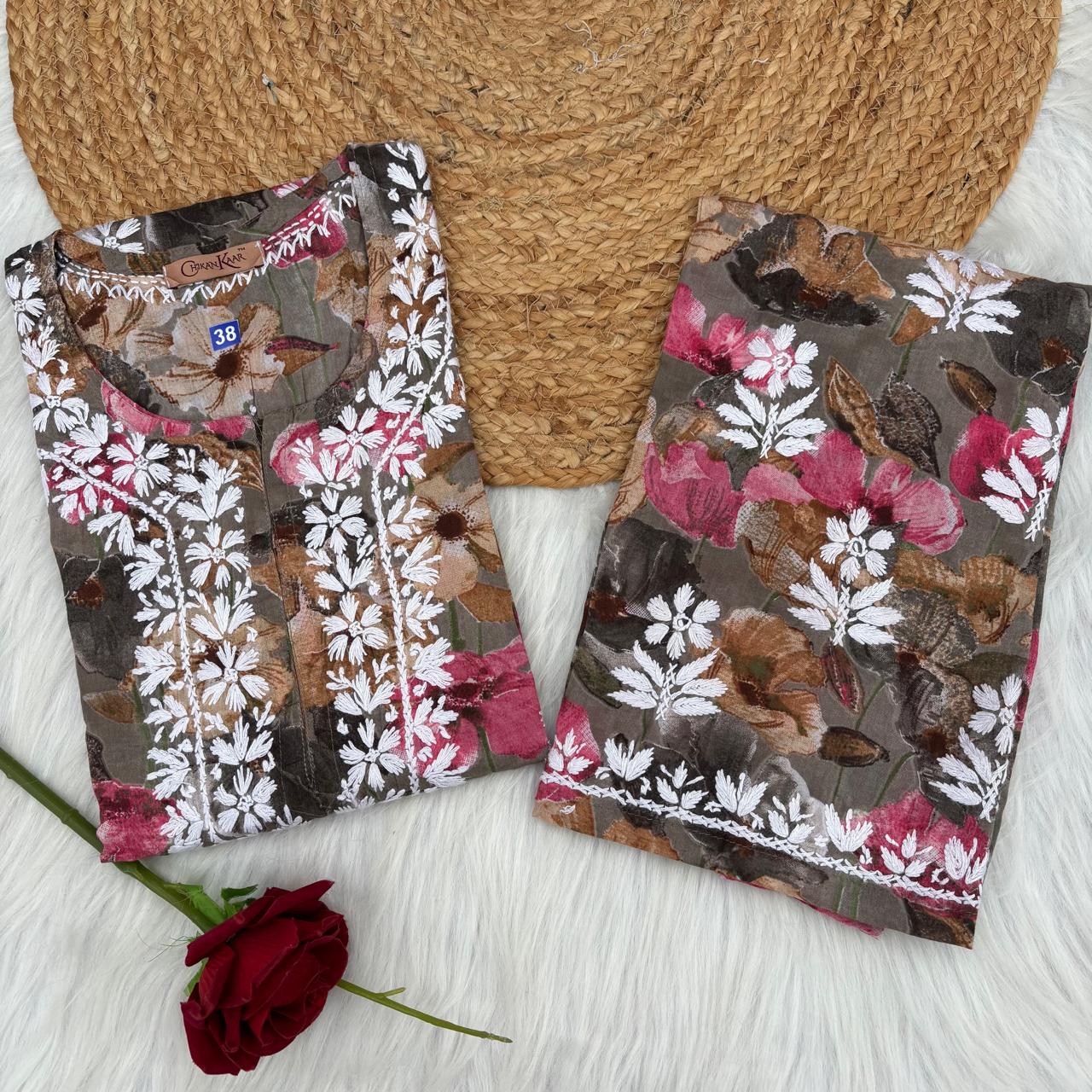 Jameela Mulmul Cotton Chikankari Kurti Set - Muted Brown Colour