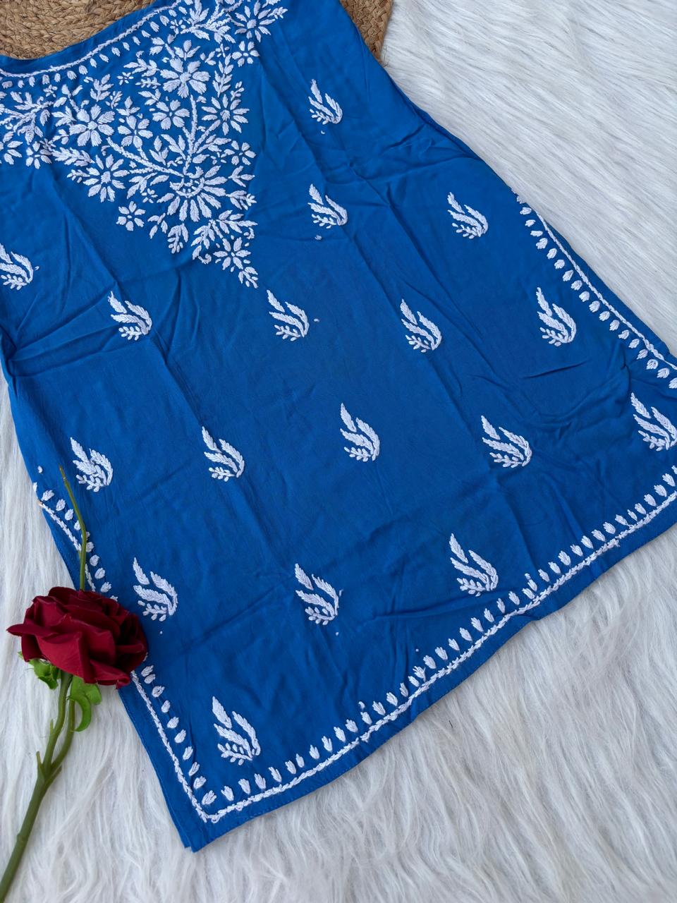 Ayla Rayon Handwork Chikankari Noodle Strap Short Kurti - Blue Colour