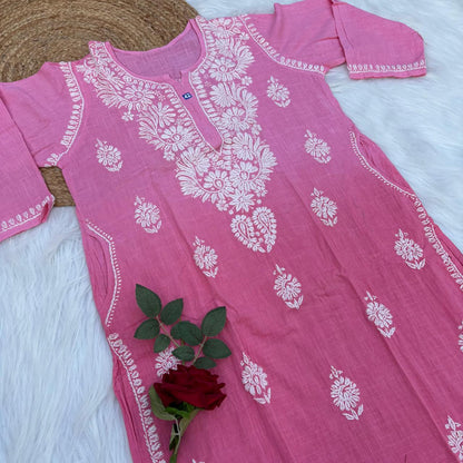 Isha Slub Cotton Chikankari Kurti - Peach color