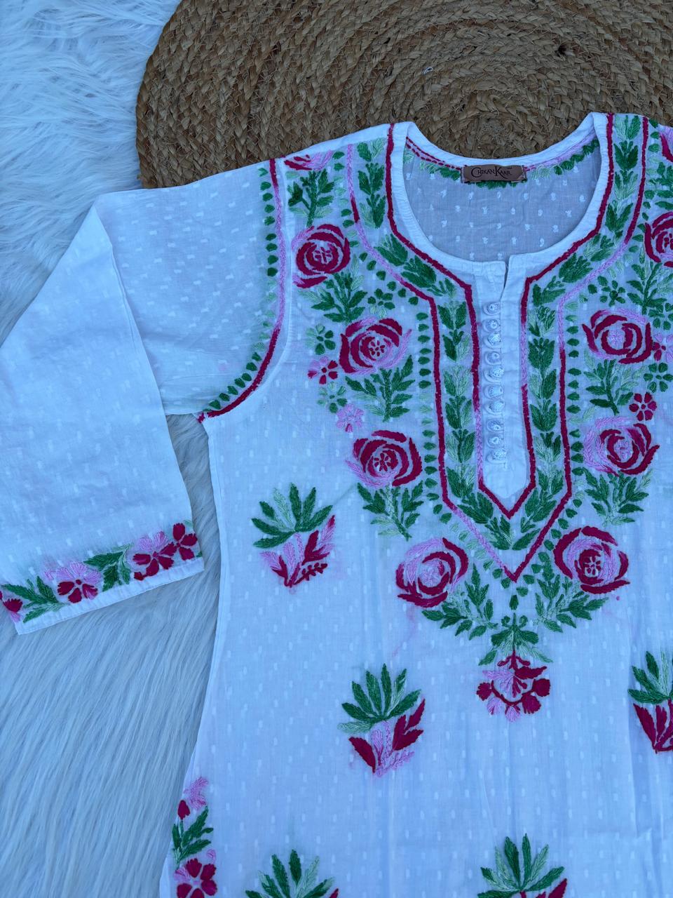 Seema Soft Dobby Cotton Lucknowi Chikankari Handwork Rose Work Kurti -Pink Colour