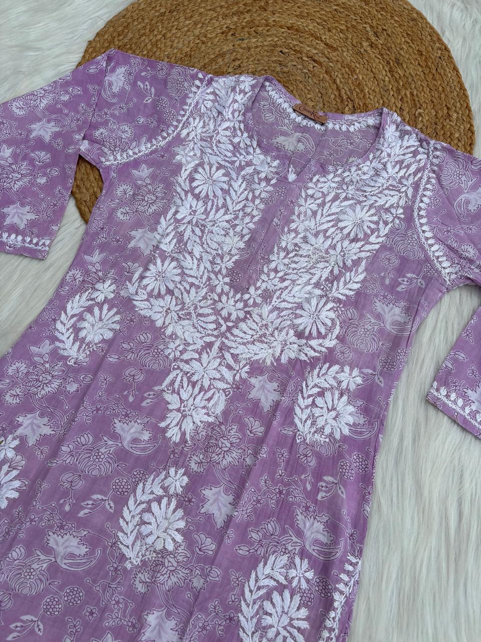 Sameera Pure Mulmul Chikankari Handwork Kurti - Lavender Colour