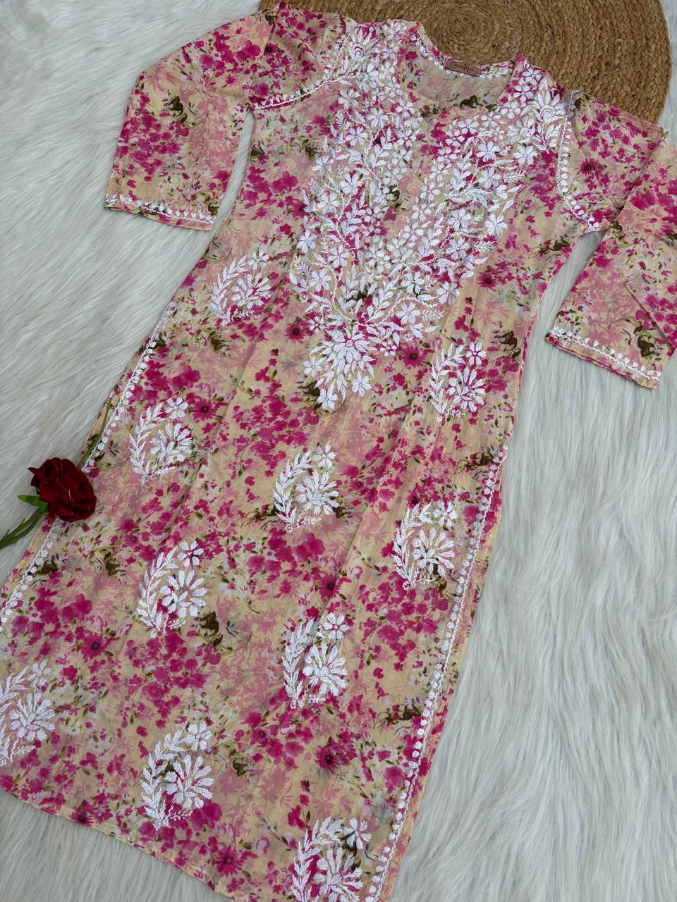 Fatima Pure Mulmul Chikankari  Handwork Kurti - Pink Colour