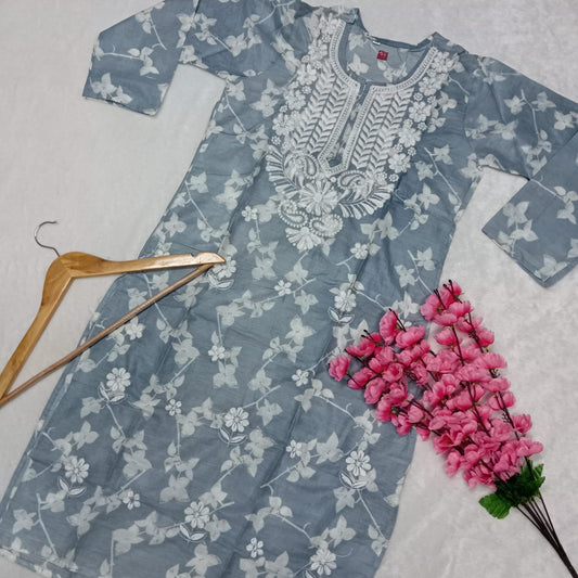 Mulmul Cotton Chikankari Machine Work Kurti - Grey Colour