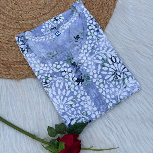 Fawziya Pure Mulmul Chikankari  Handwork Kurti - Blue Colour