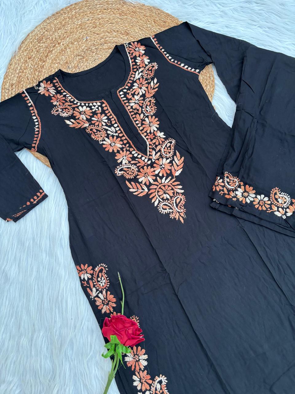 Lubna Rayon Handwork Chikankari Kurti Set- Peach Colour