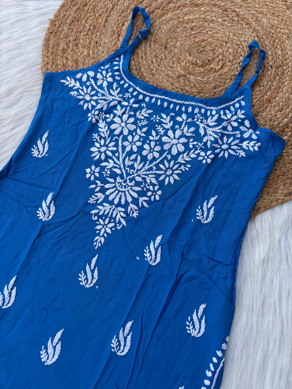 Ayla Rayon Handwork Chikankari Noodle Strap Short Kurti - Blue Colour