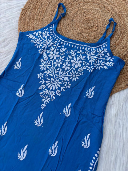 Ayla Rayon Handwork Chikankari Noodle Strap Short Kurti - Blue Colour