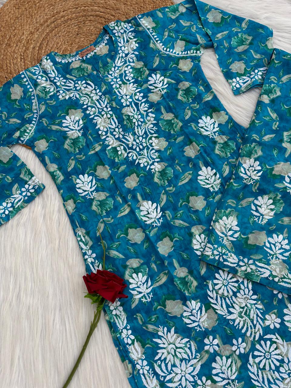 Elena Mulmul Cotton Handwork Chikankari Kurti Set - Blue Colour