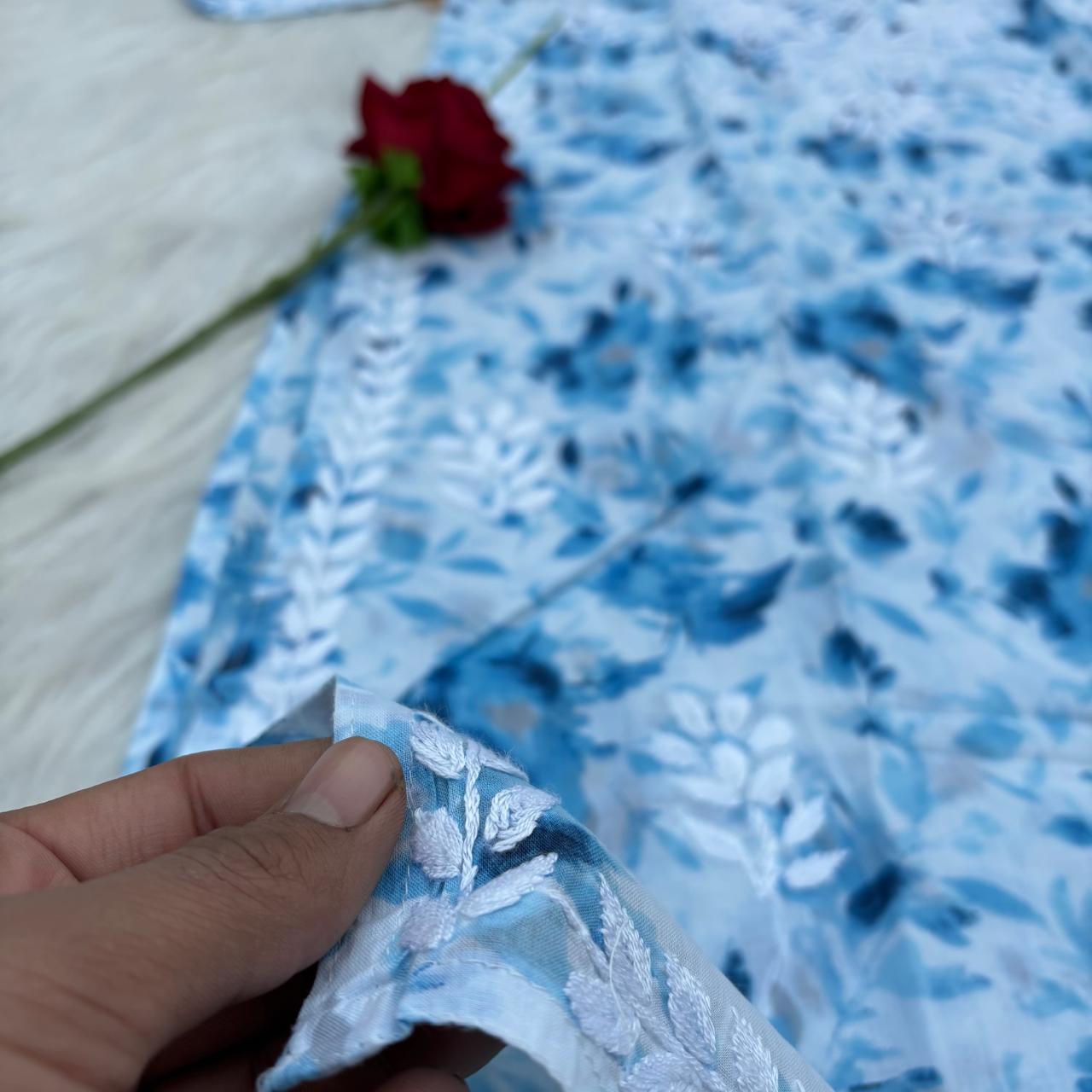 Aaliyah Mulmul Cotton Chikankari Kurti Set -Blue Colour