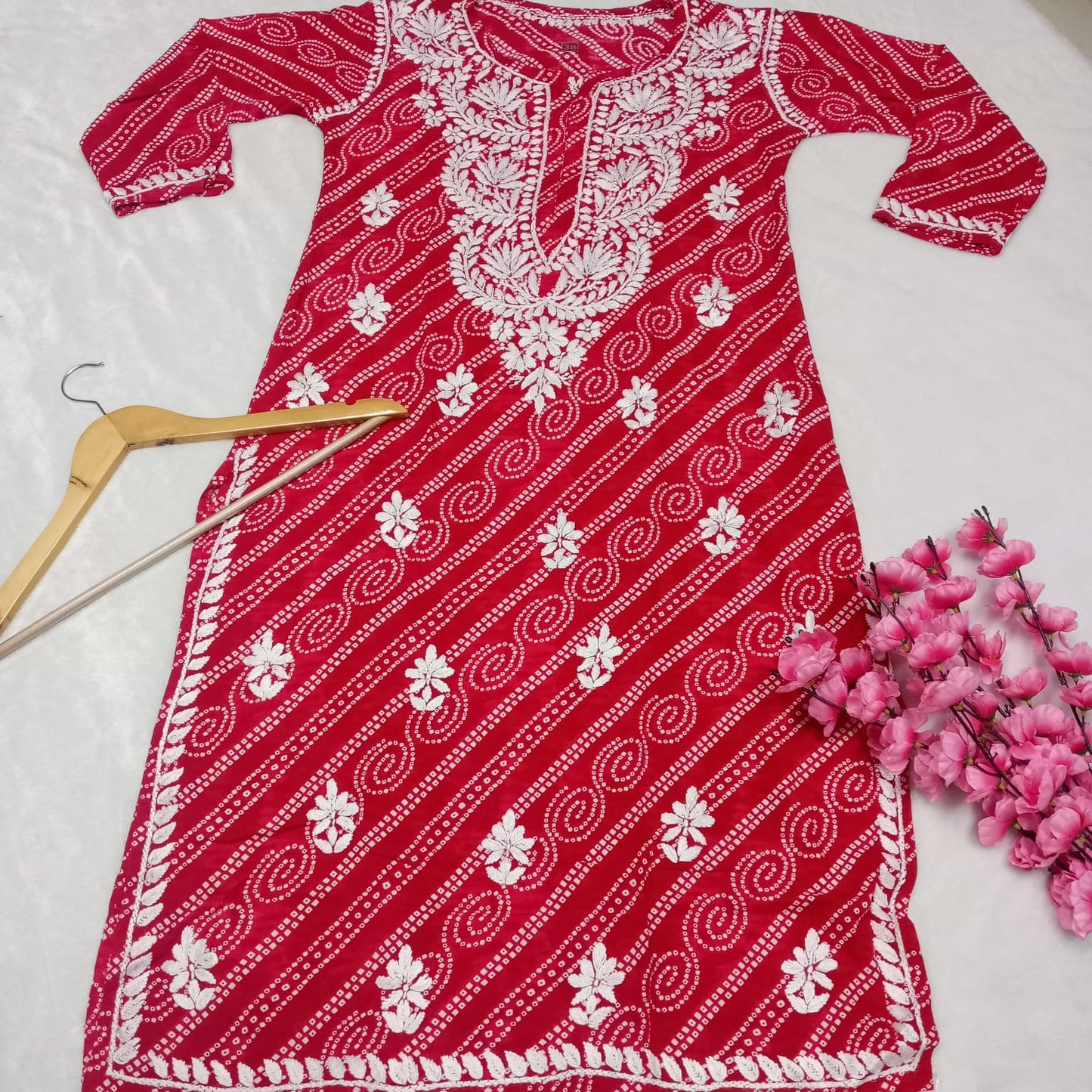 Falak Bandhani Print Rayon Chikankari Kurti -Red Colour