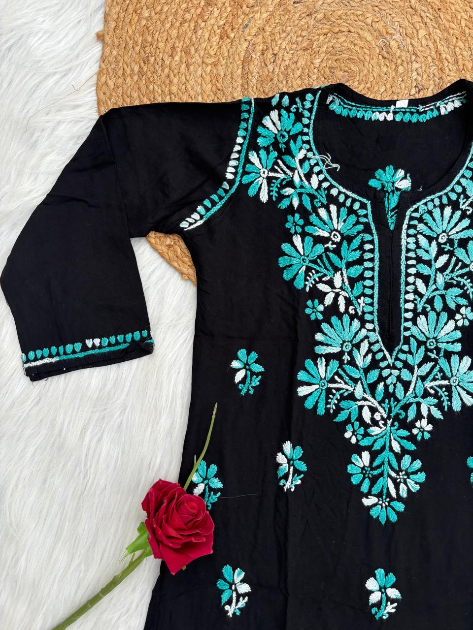 Mahek Soft Rayon Handwork Chikankari Short Kurti- Sea Green Colour