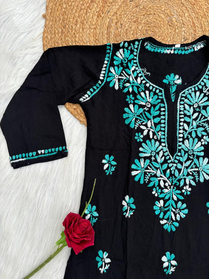 Mahek Soft Rayon Handwork Chikankari Short Kurti- Sea Green Colour