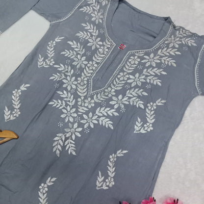 Pure Rayon Chikankari Ghas Patti Work Kurti -Grey Colour