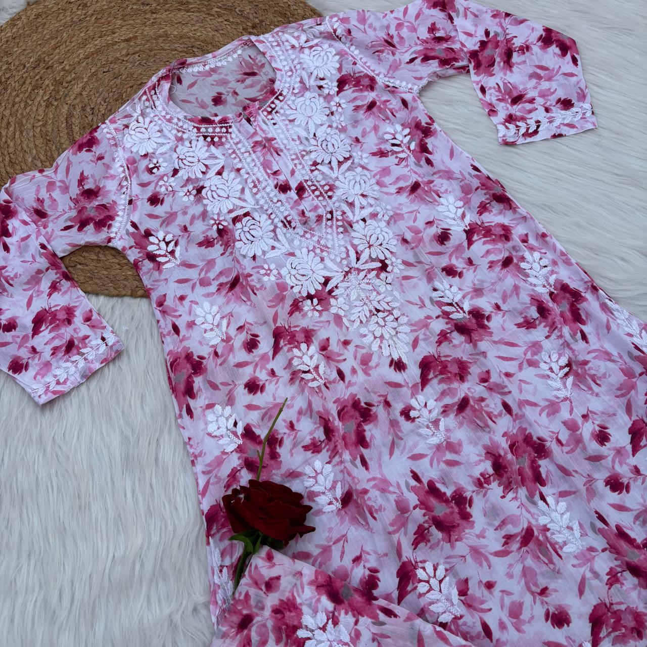 Aaliyah Mulmul Cotton Chikankari Kurti Set - Pink Colour