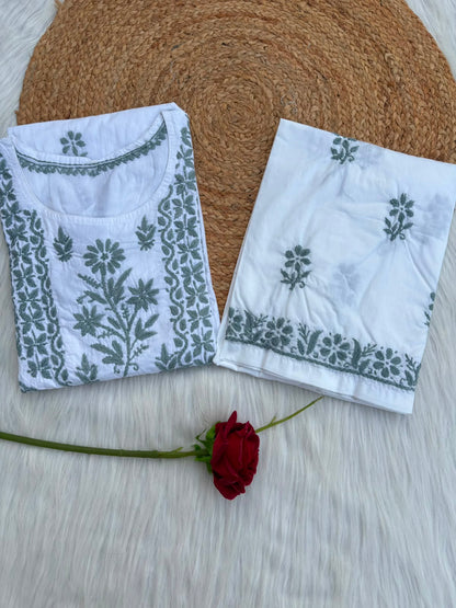 Heer Plus Size Cotton Handwork Chikankari Kurti Set - White Grey