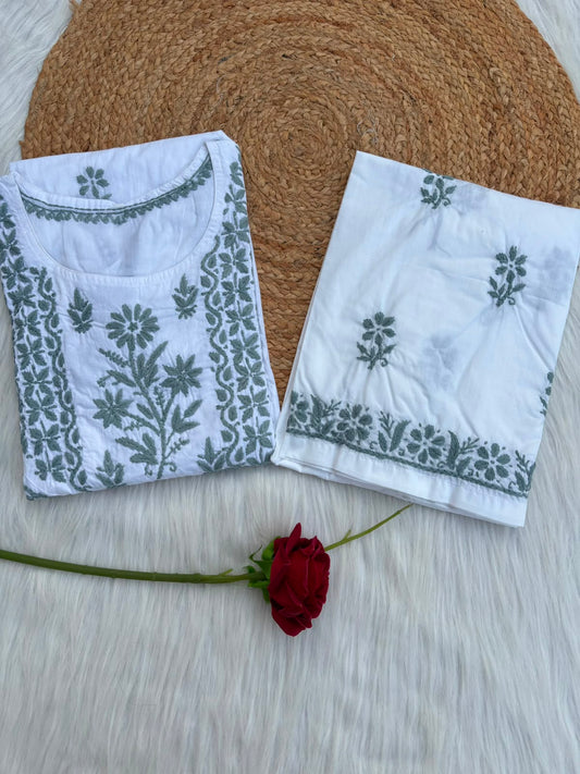 Heer Plus Size Cotton Handwork Chikankari Kurti Set - White Grey