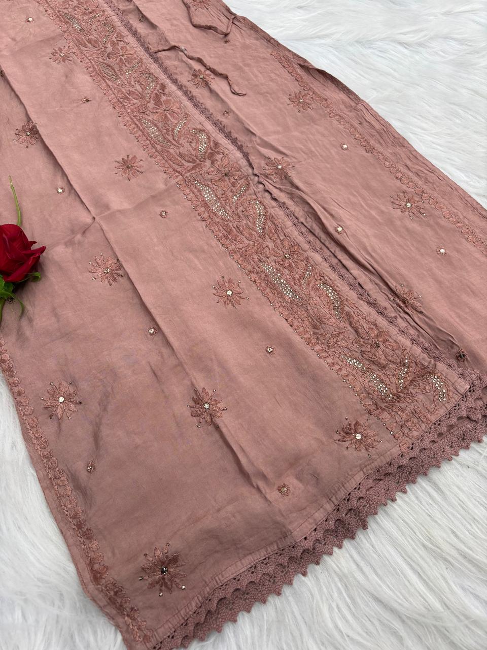 Naaz Chanderi Angrakha style Chikankari Kurti with Mukaish work - Brown Colour