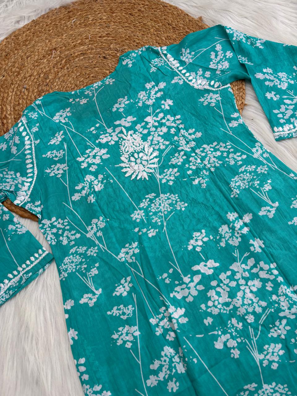 Jiya Mulmul Cotton Handwork Chikankari Kurti Set - Sea Green Colour