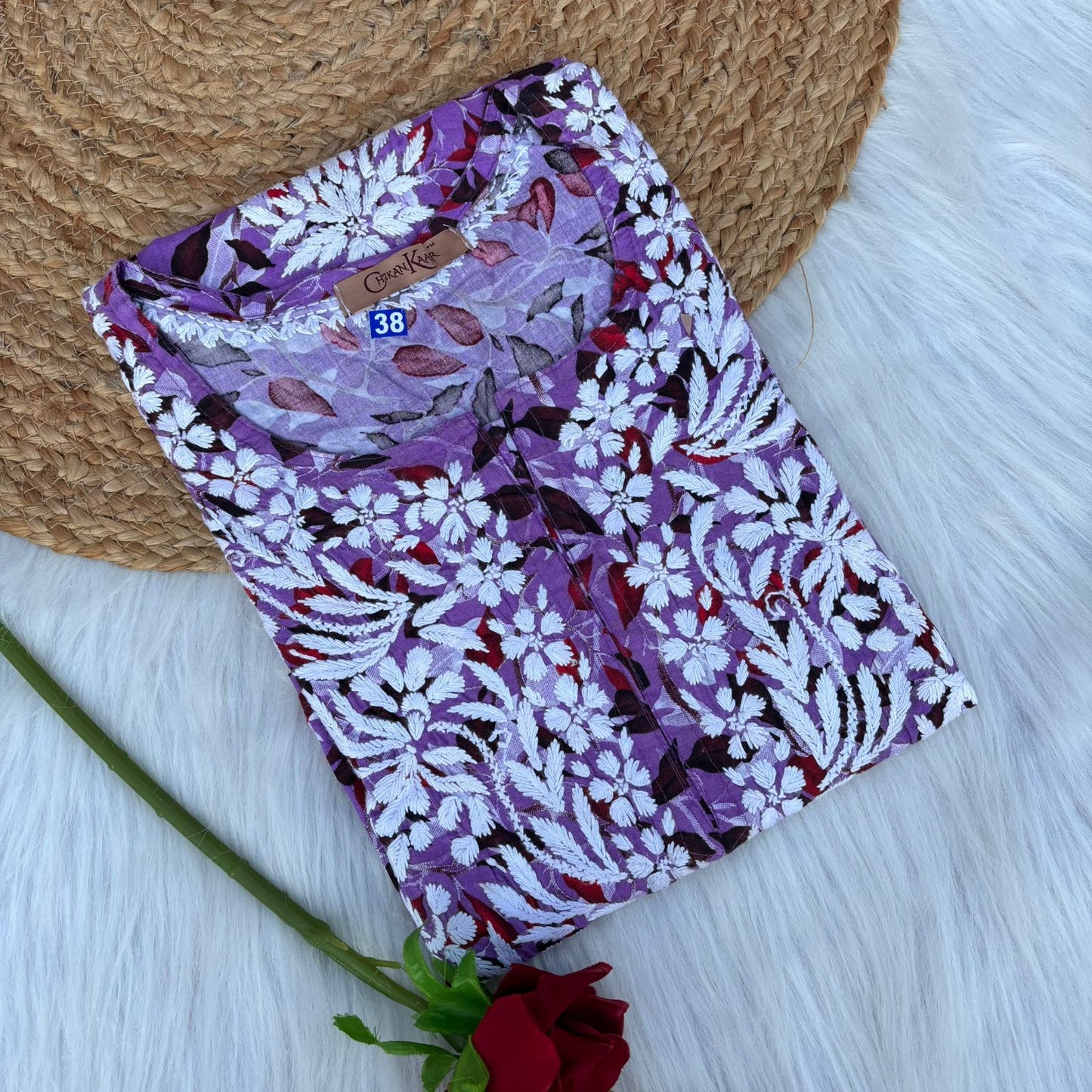 Emaya Pure Mulmul Chikankari  Handwork Kurti - Lavender Colour