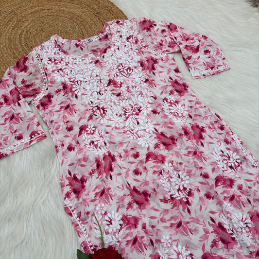 Amara Pure Mulmul Chikankari  Handwork Kurti -Pink Colour
