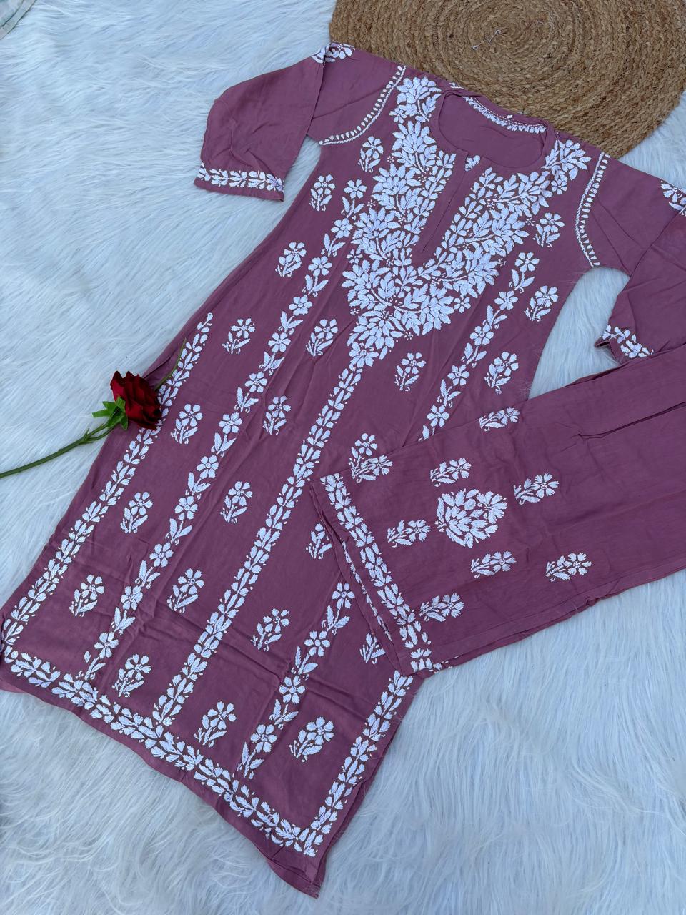 Samara Rayon Handwork Chikankari Kurti Plazo Set - Blush Colour
