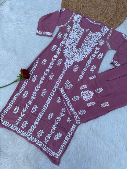 Samara Rayon Handwork Chikankari Kurti Plazo Set - Blush Colour