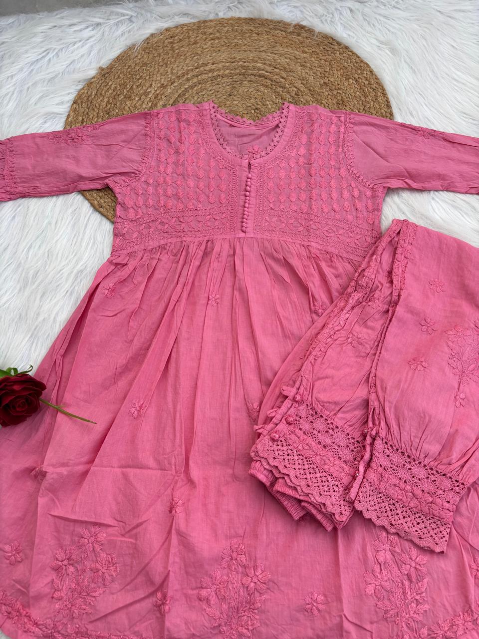 Laila Dobby Cotton Frock Style Short Kurti with Afghani Pant - Gazri Color