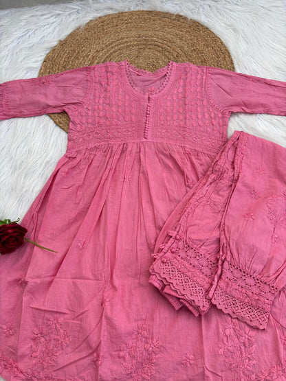 Laila Dobby Cotton Frock Style Short Kurti with Afghani Pant - Gazri Color