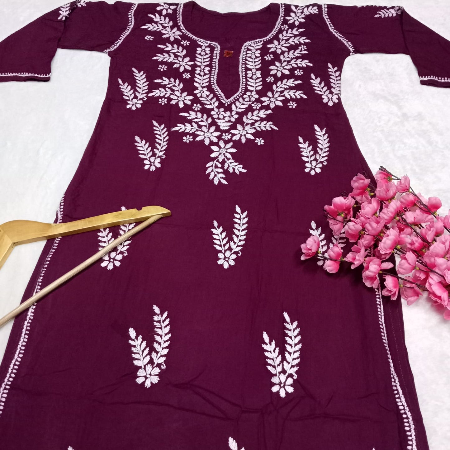 Pure Rayon Chikankari Ghas Patti Work Kurti -Wine Colour