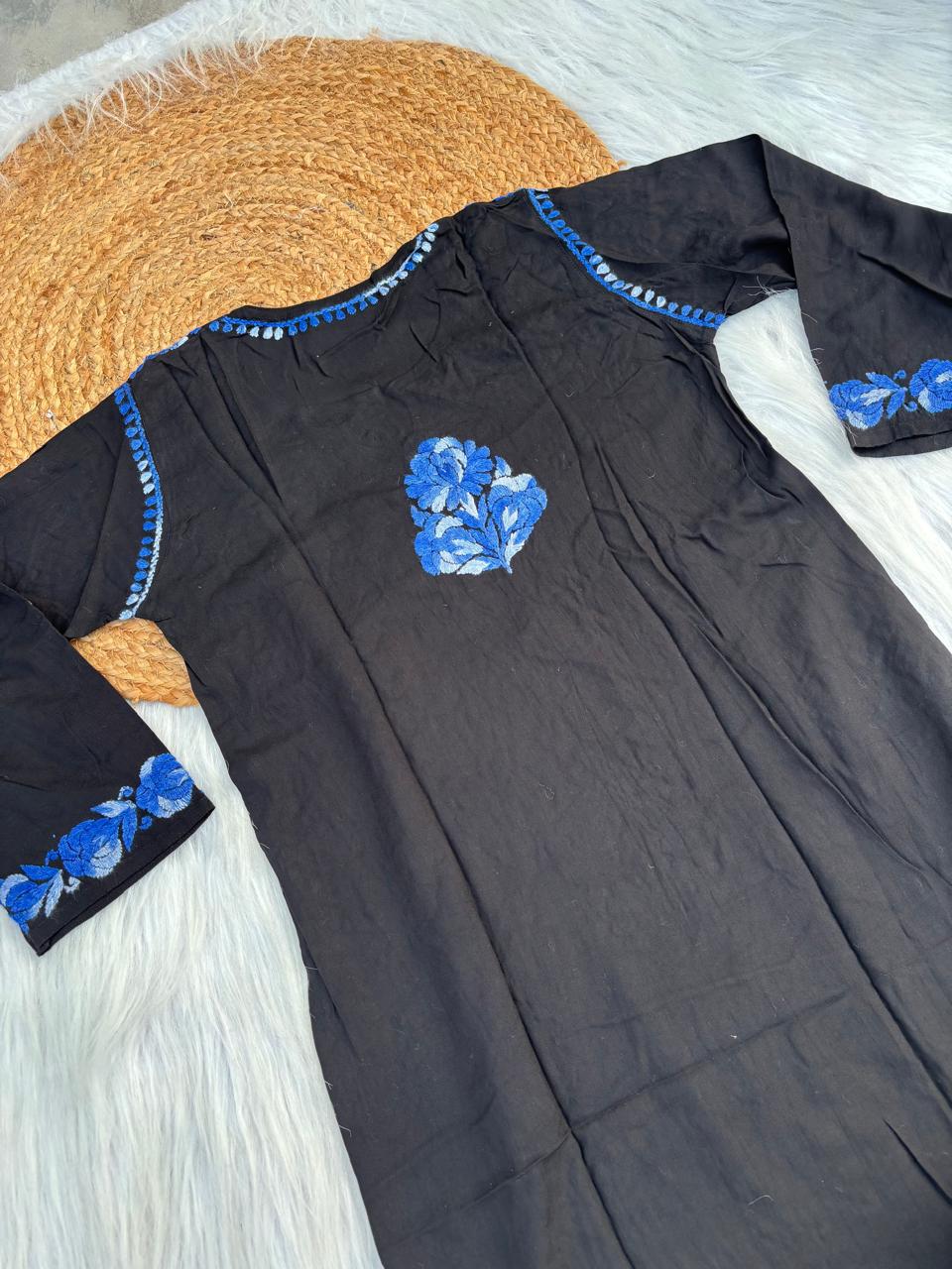 Rida Rayon Handwork Chikankari Kurti Set - Blue Colour