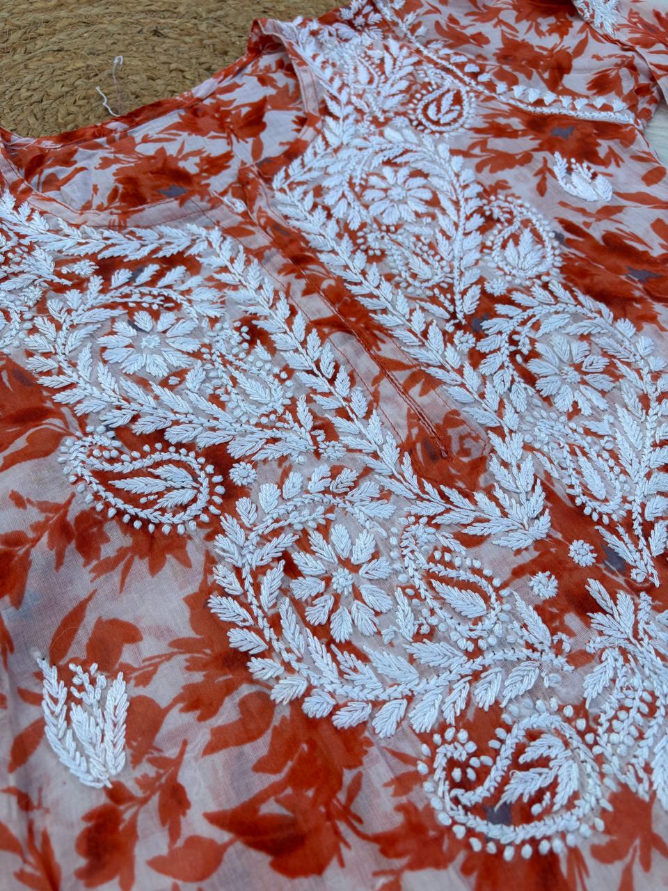 Hadaya Mulmul Cotton Chikankari Kurti Set - Orange Colour