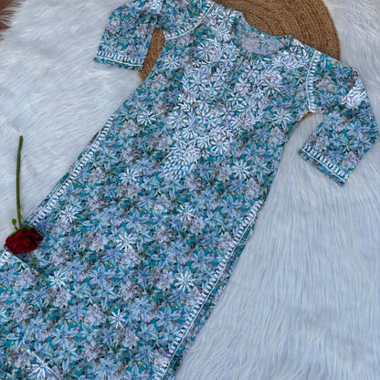 Fiza Pure Cotton Floral Lucknowi Chikankari Kurti -Blue Colour