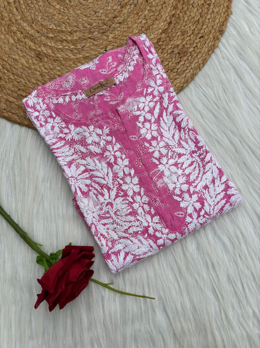 Sameera Pure Mulmul Chikankari Handwork Kurti - Pink Colour