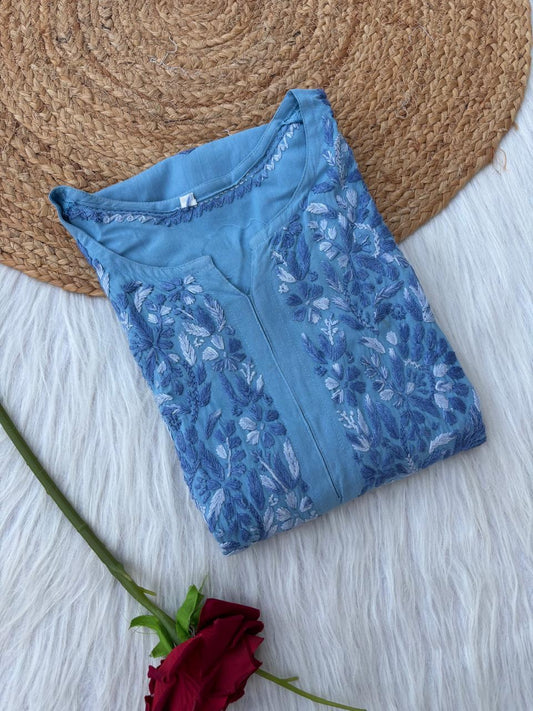 Roohi Rayon Tone To Tone Lucknowi Handwork Chikankari Kurti - Blue Color