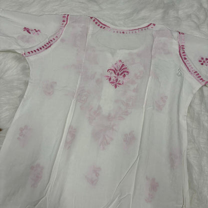 Aleena Rayon Chikankari Kurti Plazo Set - White Pink color