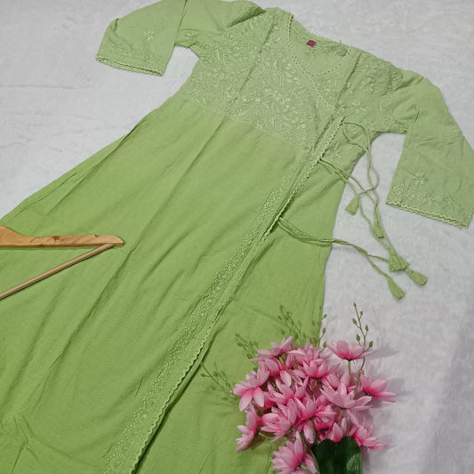 Ombre Shaded Dobby Cotton Chikankari Angarakha -Parrot Green Colour
