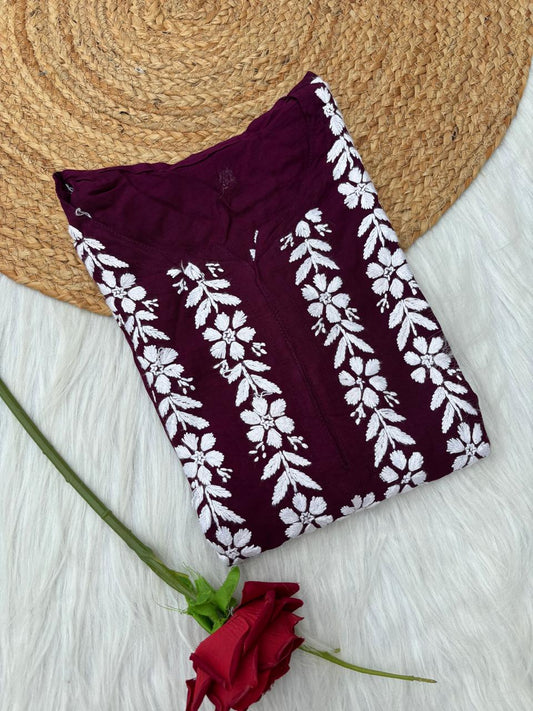 Zoobia Soft Rayon Handwork Chikankari Kurti - Wine Colour