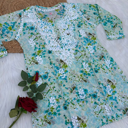 Nura Pure Mulmul Cotton Short Kurti - Sea Green Colour - Chikankaar
