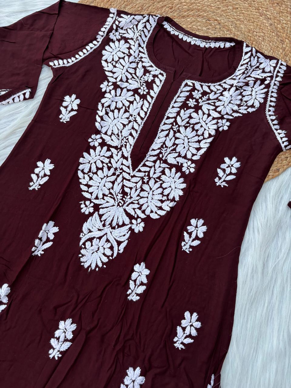 Hiba Soft Rayon Handwork Chikankari Kurti - Brown Colour