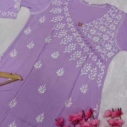 Zeenat Rayon Side Button Chikankari Kurti - Purple Colour