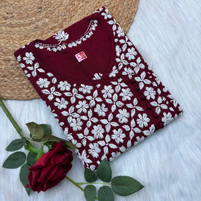 Sabeena Pure Cotton Chikankari Kurti Maroon Colour
