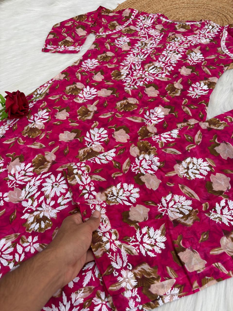 Elena Mulmul Cotton Handwork Chikankari Kurti Set - Rani Colour