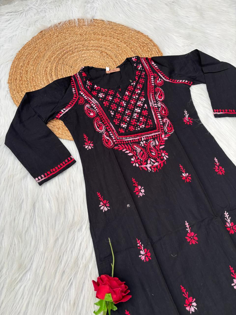 Maryam Handwork Cotton Lucknowi Chikankari Kurti - Red Colour