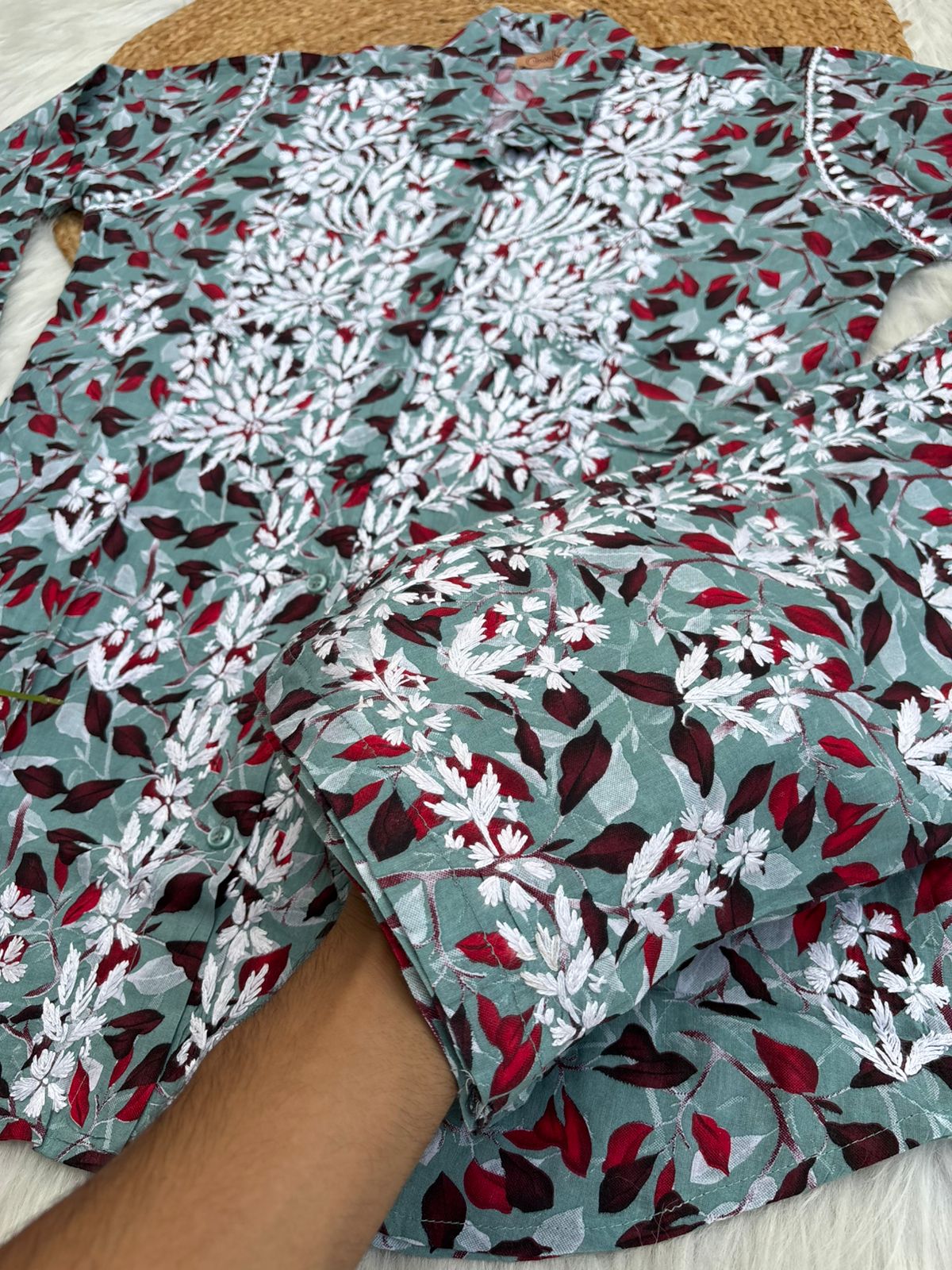Mulmul Cotton Lucknowi Chikankari Coord Set - Muted Blue Colour