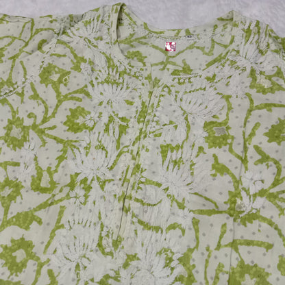 MODAL SLUB CHIKANKARI LOTUS WORK KURTI -LEAF GREEN COLOUR