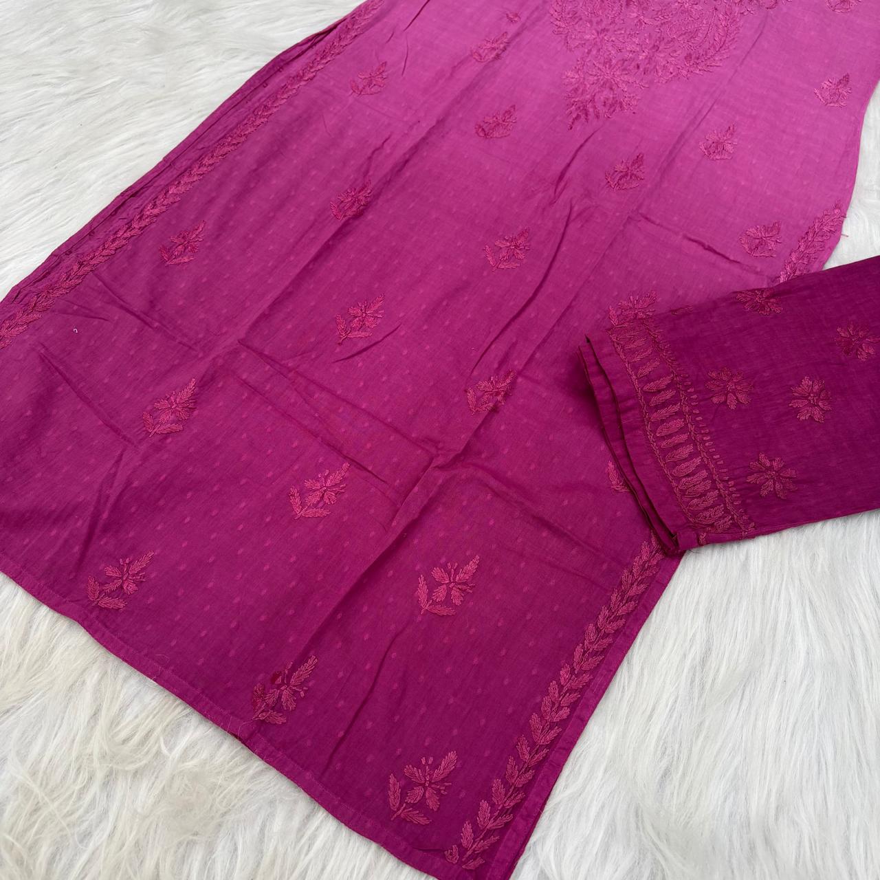 Nuha Dobby cotton Ombre shaded Lucknowi Chikankari Kurti Plazo Set - Wine Colour