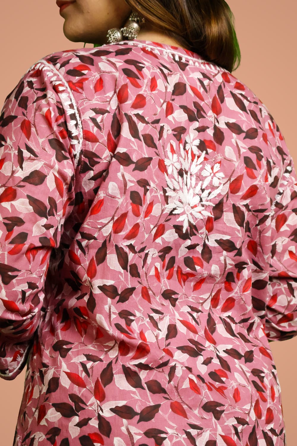 Emaya Pure Mulmul Chikankari  Handwork Kurti - Cherry Colour