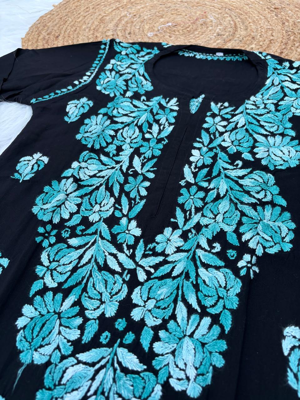 Rida Rayon Handwork Chikankari Kurti Set- Sea Green Colour